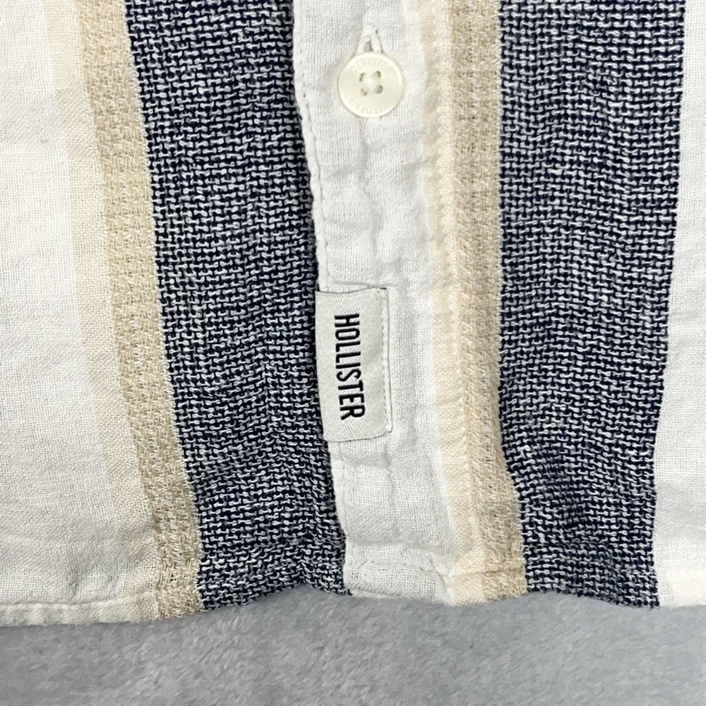 Hollister Mens Shirt S Button Up White Striped Linen Blend Short Sleeve Resort - Picture 4 of 9